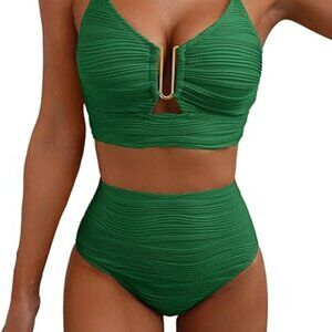 Herseas 2 Piece Bikini Set U-Wire Cutout Swimsuit High Waisted Green Size Large